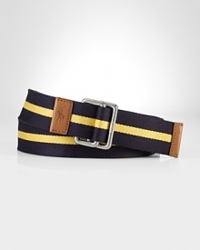 Ralph Lauren's iconic pony accents the leather tip of this sporty striped belt for a preppy finish.