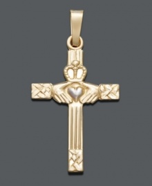 Celebrate your Irish heritage in style. Intricate pendant features a Claddagh cross in 14k gold. Approximate drop width: 1/2 inch. Approximate drop length: 1 inch.