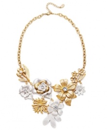 Not your garden variety style. Robert Rose's intricate flower necklace features beautifully-crafted design in silver-plated mixed metal and gold-plated mixed metal with sparkling acrylic stones. Approximate length: 17 inches + 3-inch extender. Approximate drop: 5 inches.