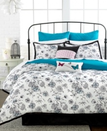 Flower power. Your bedroom is in bloom with this totally chic comforter set, featuring a beautiful floral landscape with pretty butterfly and perfect pleated details. The pop of bright blue color gives the set a little something extra.