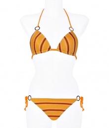 Make an eye-catching statement at the beach in Missonis bright lemon and sunset striped bikini, finished with modern ring hardware for a contemporary-chic twist - Self-tie orange string halter strap, hooked back - Self-tie side strings on bottom - Comes with a matching drawstring pouch - Wear with studded sandals and oversized statement totes