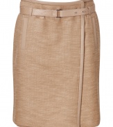 Amp up your workweek style with this ladylike wrap skirt from Tara Jarmon - Wrap style with leather belt at waist, front welt pockets, leather trim - Pair with a silk blouse, nude fishnets, and platform pumps