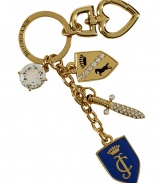 Add instant style to the everyday with this chic multi-charm logo keychain from Juicy Couture -  Shield, sword, and crest gold-tone charms with crystal details - Perfect for daily use or as a thoughtful gift