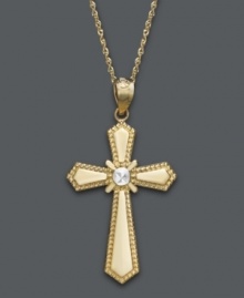 A religious-inspired gift that will last a lifetime. This intricate cross pendant features a unique diamond-cut design crafted in 14k gold, with a 14k white gold center. Approximate length: 18 inches. Approximate drop width: 1/2 inch. Approximate drop length: 1 inch.