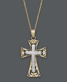 Cherish your faith in extraordinary design. This intricate cross pendant features an ornate, filigree pattern in 14k gold and 14k white gold. Approximate length: 18 inches. Approximate drop width: 1/2 inch. Approximate drop length: 1 inch.