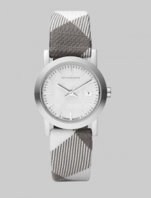 A sleek timepiece of polished stainless steel with a fabric strap of classic checks.Quartz movement Water-resistant to 5ATM Stainless steel case Polished bezel Round case; 29mm (1.1) Grey dial with tonal sunray design Bar hour markers Second hand Date window at 3:00 Check fabric strap, 16mm (.63) Made in Switzerland