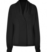 Super soft and equally feminine, Rachel Zoes stretch silk top is an chic choice for understated evening elegance - Pleated shawl collar, long sleeves, gathered snapped cuffs, hidden double-breasted front snap closures - Easy straight fit - Team with leather leggings, ankle boots and statement accessories