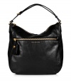 Detailed in textural black leather with a practical oversized shape, Marc by Marc Jacobs hobo bag lends a cool Downtown edge to every outfit - Zippered front pocket with luggage tag, metallic embossed logo, double top handles, removable belted shoulder strap, zippered top, inside zippered back wall pocket, 2 front wall slot pockets - Sling over your shoulder for work, school, or weekend shopping