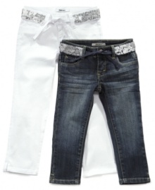 She'll be in step with style in these DKNY capri jeans with a sequin belt for extra shimmer.