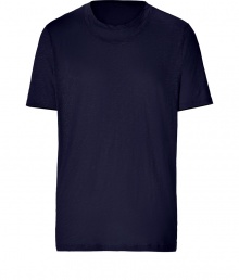 Stylish T-shirt made of fine cotton - In classic navy blue - The shirt is cut straight, beautifully slim and comfortably long - It has classic short sleeves and, as a cool detail, a double crew neck - Typical everyday basic for leisure, so very versatile - Wear either solo or under a pullover, jacket, cardigan, parka