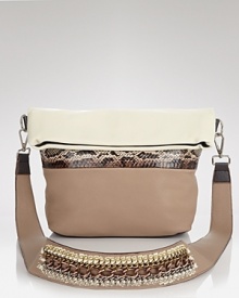 The color block trend gets exotic with this crossbody bag from Isabella Fiore. With contrasting bands of leather and chain detailing, it's a tough-chic choice with a wild side.