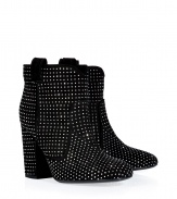 Add a punch of Parisian cool into your edgy footwear wardrobe with Laurence Dacades studded suede ankle boots, detailed with a blocky heel and pull-tabs for that effortless-chic finish - Rounded toe, black suede trim - Hits just above the ankle - Pair with favorite skinnies, or showcase allover studding with opaque tights and micro-minis