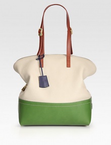 Stash your essentials in this colorblocked silhouette of pebble grain and matte leather.Adjustable double shoulder straps, 9¼-10½ dropTop zip closureTwo inside open pocketsCenter zip compartmentLinen lining11W X 13H X 5¼DMade in Italy