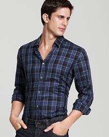 This boldly blue-hued BOSS Black plaid shirt boasts a vintage-inspired print in a classic fit with barrel cuffs and a crisp spread collar.