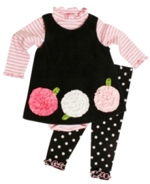 There will be a lot of buzz around your little one's beautiful look when she's wearing this flower jumper set, with a bodysuit and matching leggings. (Clearance)