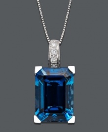 Dive in to ocean-inspired style. This exotic pendant features an emerald-cut London blue topaz (9-1/3 ct. t.w.) set in 14k white gold with sparkling diamond accents at the bail. Approximate length: 18 inches. Approximate drop: 1/8 inch.