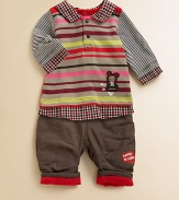 This handsome set for baby comes with a striped polo shirt with back snaps and matching, red-lined pants with logo detail. Shirt Pointed collarLong sleevesBack snapsShirttail hem Pants Elastic waistPatch pocketShirt: cottonPants: polyesterMachine wash or dry cleanMade in France of imported fabric Please note: Number of snaps may vary depending on size ordered. 