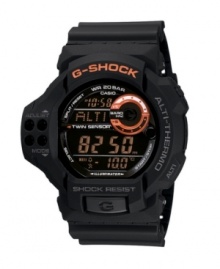 Beyond functional. Stay on top of your game with every feature you could need. G-Shock watch crafted of black resin strap and round case. Shock-resistant black negative display digital dial features twin sensor (altimeter/barometer and thermometer), LED light, flash alert, world time, multifunctional alarm, stopwatch, countdown timer, mute function and 12/24 hour formats. Digital movement. Water resistant to 200 meters. One-year limited warranty.