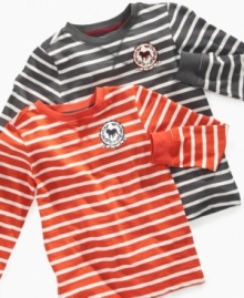 The fresh stripes on this long-sleeve tee from Greendog make it a cool addition to his wardrobe.