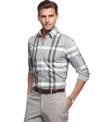 Change your pattern with this dark plaid shirt from Kenneth Cole New York.