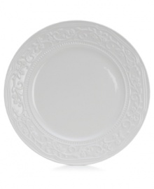 A little bit country. Made for the rigors of daily use but with an embossed design that's entirely graceful, the American Countryside dinner plate from Mikasa promises well-balanced dining in classic white stoneware.