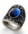 Drink in the soothing blue hues of this deco ring from Bar III. An intricate design surrounds the moody crystal accent at the center. Crafted in burnished silver tone mixed metal. Size 7.