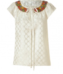 Channel easy boho elegance with Millys cream silk top - Sumptuously soft, lightweight material features a decorative geometric print - Gold sequin and multicolor decorative trim at collar - Cap sleeves and round neckline with key hole detail and long ribbon tie - Slim yet relaxed silhouette hits just below hips - Pair with wide leg trousers, skinny denim or maxi skirts