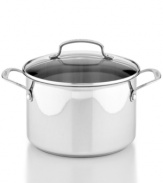 Stay in & dish out delicious meals. From soups to stews to stocks, this professional, dishwasher-safe pot takes on a range of recipes and delivers a whole new kind of versatility to your space. Crafted from durable stainless steel with cool-grip handles, this stockpot features a glass cover for easy monitoring and flavor- and moisture-rich results. Lifetime warranty.