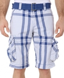 Check it out! Get standout style, constant comfort and convenience with these plaid cargo shorts from Buffalo David Bitton.