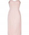 Minimalist and fantastically feminine, this engineered bustier dress is an incredibly chic take on the modern Jil Sander look - Princess neckline, strapless, corset-inspired bustier bodice with padded underwire cups, hidden side zip - Sharply tailored bodice, straight seamed skirt - Wear with sky-high heels and a soft-hued clutch