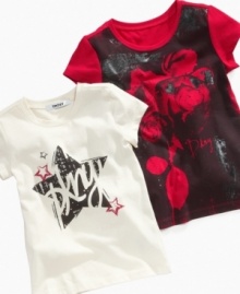 Add a fresh hint of hip to her look with this graphic tee from DKNY.