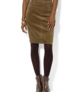 Lauren Jeans Co.'s corduroy skirt with a hint of stretch creates a flattering silhouette when paired with tights for a chic cool-weather look.