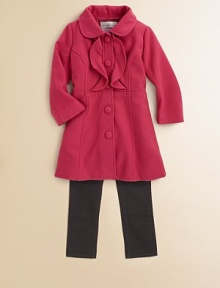 Tailored seams and ruffled bib detail make this classic peacoat design perfect for dressy occasions.Rounded collarFront button closureTailored seamsPolyester/viscoseFully linedMachine washImported