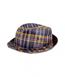 Elegant hat in fine, patterned silk and linen blend - A chic spin on the classic Trilby style - Vibrant indigo blue and sunflower yellow check motif - Moderately large brim ideal for keeping the sun at bay - An eye-catching, go-to warm weather accessory - Pair with everything from a t-shirt and chinos to a button down and Bermudas