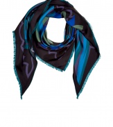 Add a rich pop of graphic color to any ensemble with Puccis turquoise and petrol silk scarf - Cool and eye-catching in shades of blue, purple and green in a quintessentially Pucci geometric print -  - Moderately long and wide triangular style, with delicate fringe detail at hem - Pair with everything from a t-shirt and leather jacket or a cashmere pullover to a solid knit dress and blazer