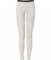 Inject patchworked purity into your modern-minimalist look with this seasons most coveted must-have: Helmut Langs stretch leather leggings - Black elasticized waistline, modern patchworked seaming, faux back pockets, form-fitting through the knee - Pair with cool chunky knits and statement ankle boots