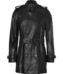 Invest in high style with this ultra-luxurious lambskin trench from Burberry London - Small spread collar, long sleeves, epaulettes, double-breasted, front button placket, belted waist - Fitted silhouette - Pair with slim trousers or jeans and a cashmere pullover