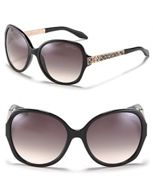 Oversized Roberto Cavalli sunglasses boast metallic snakeskin print at the arms for a fierce silhouette.