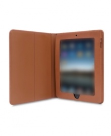 Your style statement jumps right off the cover. Aged, belting leather is the perfect protector for your most valuable possession and travel companion! Custom fit and conveniently designed for the Apple iPad, this chic cover provides quick access to the charging port and control buttons with a front flap that opens to create a flat desktop surface. Lifetime warranty.