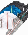 He'll be ready to get moving in this sporty jacket and pant set from Puma.