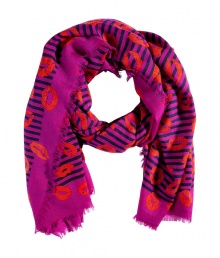 Show your romantic side with a pop of color and opt for Marc by Marc Jacobs stripe and lip printed wool scarf - Allover multicolored print, easy to style length, frayed edges - Pair with an elevated jeans-and-tee ensemble