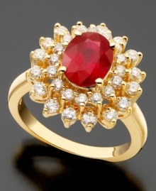 Celebrate July with a stunning birthstone in an ebullient setting. This Effy Collection(tm) ring features oval-cut ruby (1-9/10 ct. t.w.) and round-cut diamond (1 ct. t.w.) set in 14k gold.