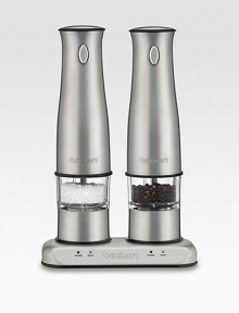 An easy and elegant way to serve freshly ground salt and pepper: rechargeable stainless steel mills sit in a sleek power base to ensure that they're always fully charged and ready to grind. Adjust for fine to coarse grinds, and includes small light for perfect seasoning in dim rooms. Bon appetit!