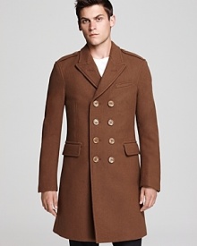 A double-breasted long coat from Burberry Brit offers a dignified design that suits your refined wardrobe perfectly.