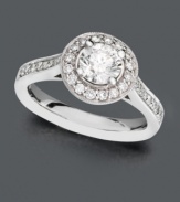 For the always-unique bride-to-be. This beautiful engagement ring features a vintage flair that differs from your average ring. Ring features a round-cut center diamond surrounded by a halo of diamonds and a row of diamonds at each shoulder (1-1/4 ct. t.w.). Ring crafted in 14k white gold.