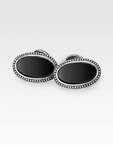 Sleek, smooth onyx stones are set into finely engraved sterling silver. About 1 X ½ Made in USA