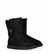 A stylish twist on a venerable classic, the Ugg Australia black Bailey Button boot is a welcome addition to your cold weather casual wardrobe - Crafted from twin-faced sheepskin and featuring exposed seams, reinforced heel, traction outsole and signature Ugg label - Wooden button and elastic band closure - Fleece-lined for superior warmth and comfort - Traditional mid-calf height - Truly versatile, perfect for pairing with everything from skinny jeans to yoga pants to miniskirts