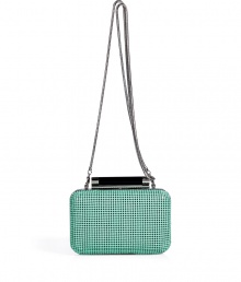 Hard-edge elegance gets an impossibly modern twist in Diane von Furstenbergs petite clutch, finished to perfection in cool mint chain mail - Metal frame, hinged top closure, removable snake-chain shoulder-strap, inside back wall slot pocket - Pair with cocktail dresses and statement pumps