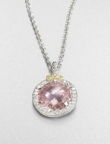 A sparkling pave frame of white sapphires encircles a rosy crystal on this elegant pendant design.Pink crystalSterling silverWhite sapphiresLength, about 17Pendant size, about 1Lobster clasp closureImported