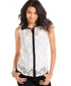 Incorporate lace into your trove of charming tops with this sleeveless button-down style from Pretty Rebellious. A contrast-color placket and collar lends chic, tuxedo-like style.